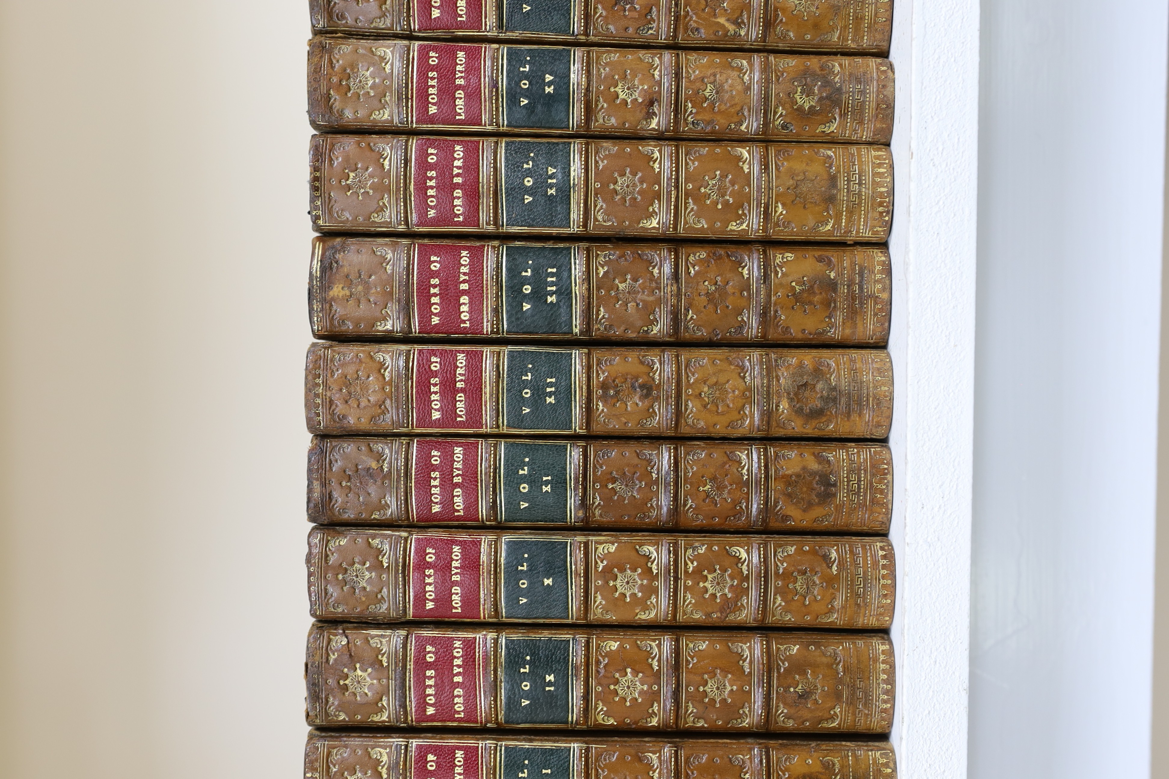 Byron, Lord George Gordon - The Works of.... with his Letters and Journals, and his Life, by Thomas Moore, Esq. 17 vols. pictorial engraved and printed titles, engraved frontispieces and 2 folded facsimiles; contemp. gil